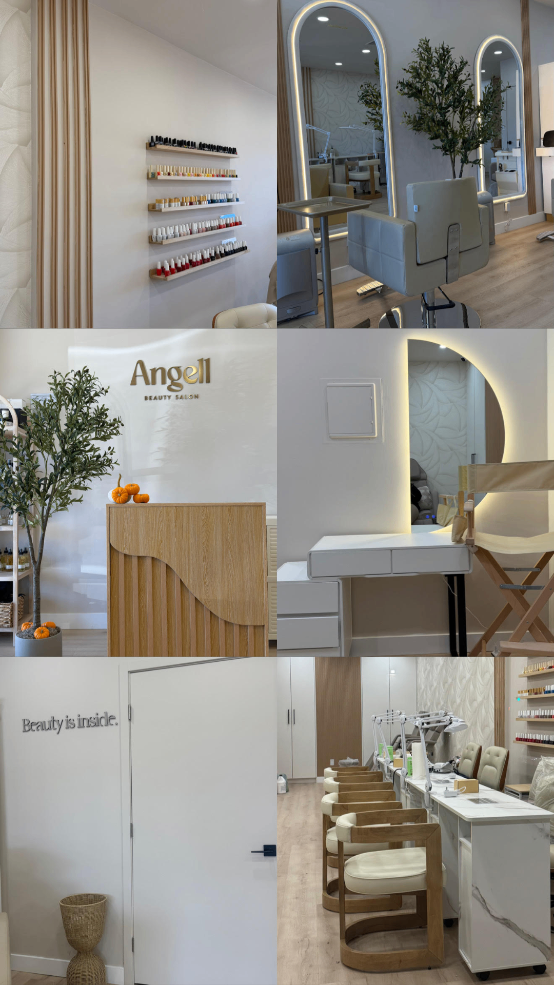 Inside Angell Beauty Salon — nail bar, styling stations, and signage